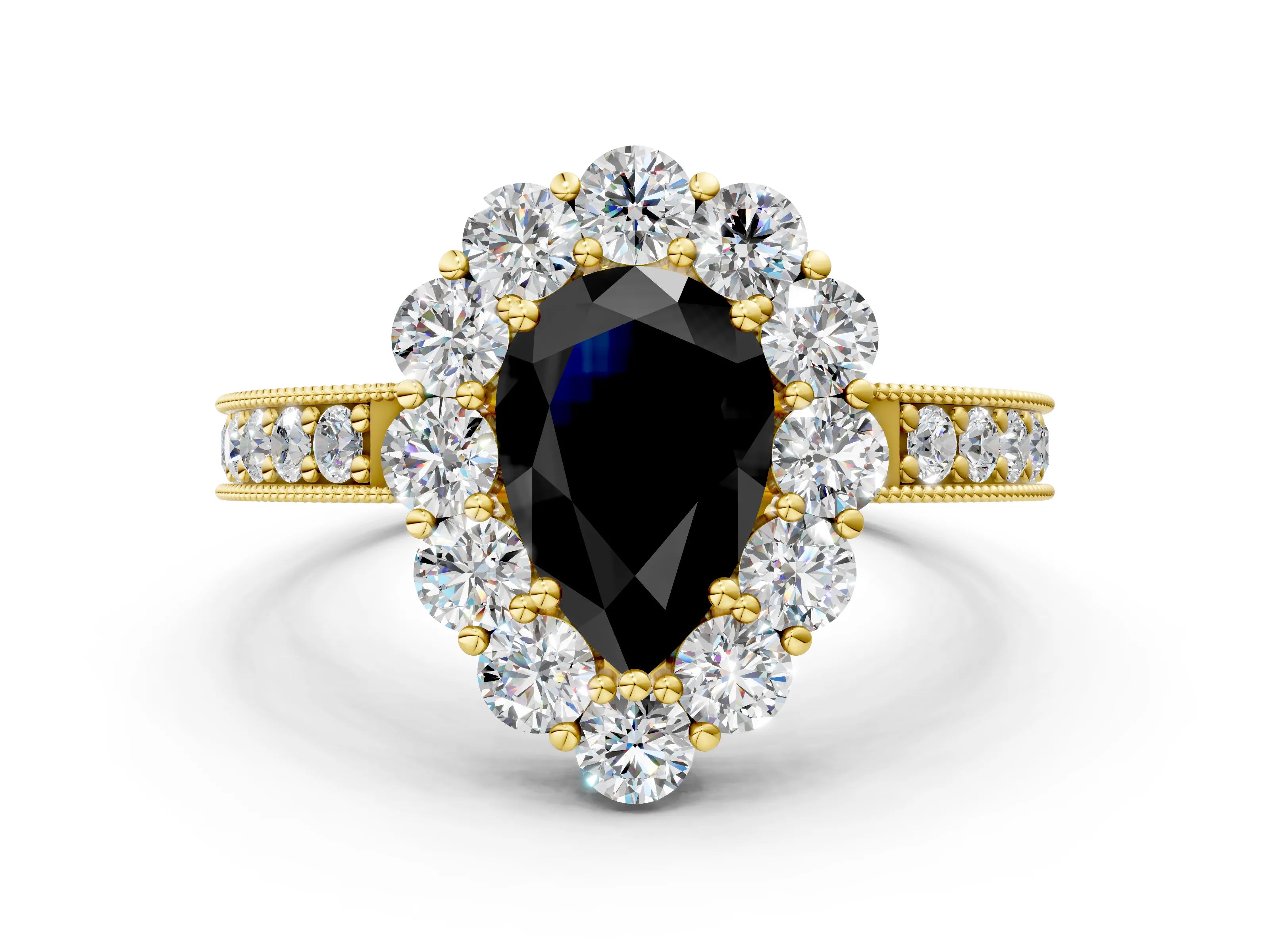 Yellow gold Fancy Black Pear Cut Cut Halo Diamond Pavé Engagement Ring with Milgrain Detailing_22