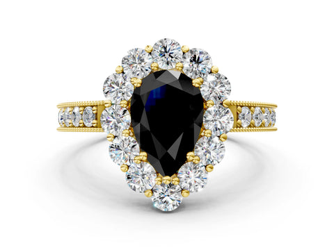 Yellow gold Fancy Black Pear Cut Cut Halo Diamond Pavé Engagement Ring with Milgrain Detailing_22