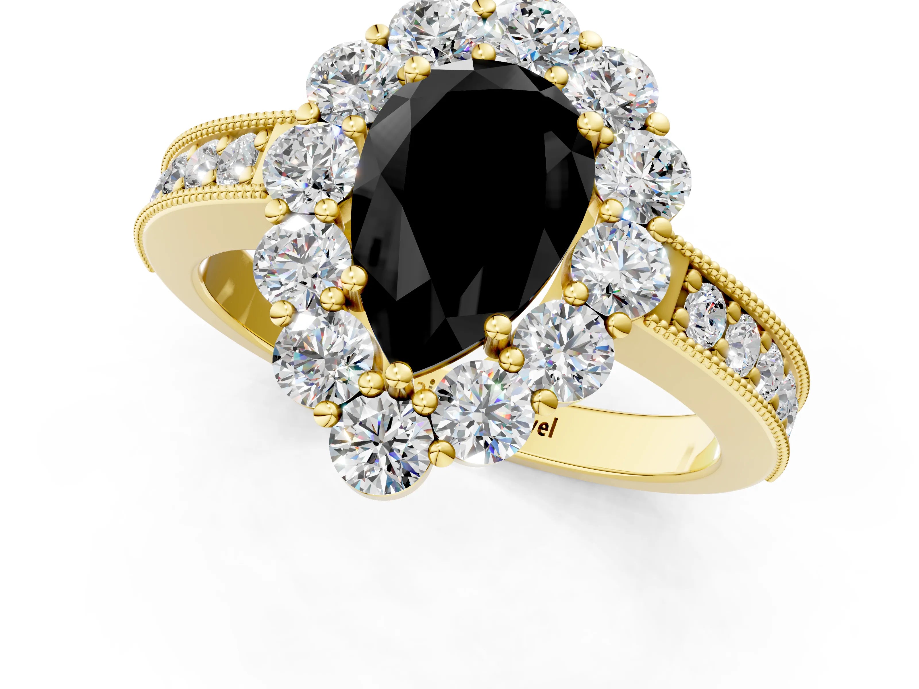 Yellow gold Fancy Black Pear Cut Cut Halo Diamond Pavé Engagement Ring with Milgrain Detailing_23