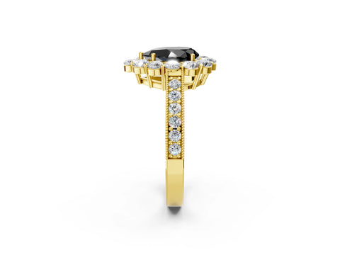 Yellow gold Fancy Black Pear Cut Cut Halo Diamond Pavé Engagement Ring with Milgrain Detailing_24