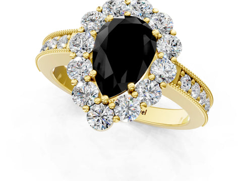 Yellow gold Fancy Black Pear Cut Cut Halo Diamond Pavé Engagement Ring with Milgrain Detailing_35