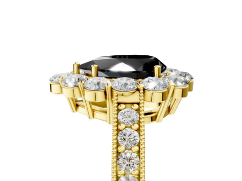 Yellow gold Fancy Black Pear Cut Cut Halo Diamond Pavé Engagement Ring with Milgrain Detailing_5