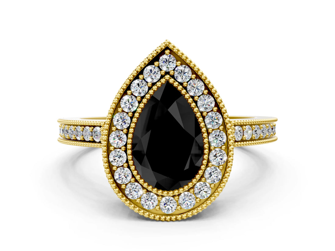 Yellow gold Fancy Black Pear Cut Cut Halo Pavé Diamond Ring