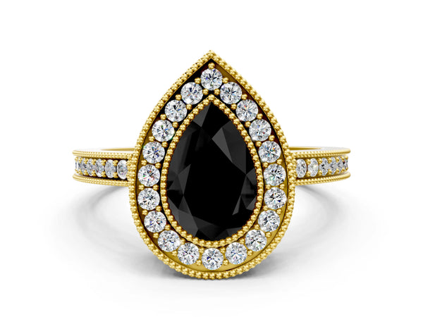 Yellow Gold Pear-Shaped Double Milgrain Halo Engagement Ring Setting for Black Center