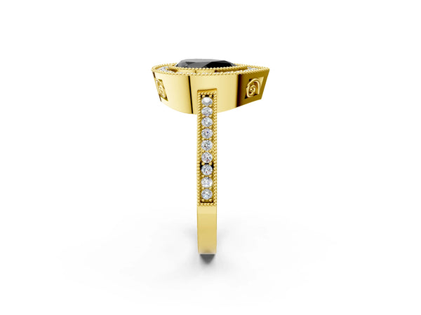 Yellow Gold Pear-Shaped Double Milgrain Halo Engagement Ring Setting for Black Center