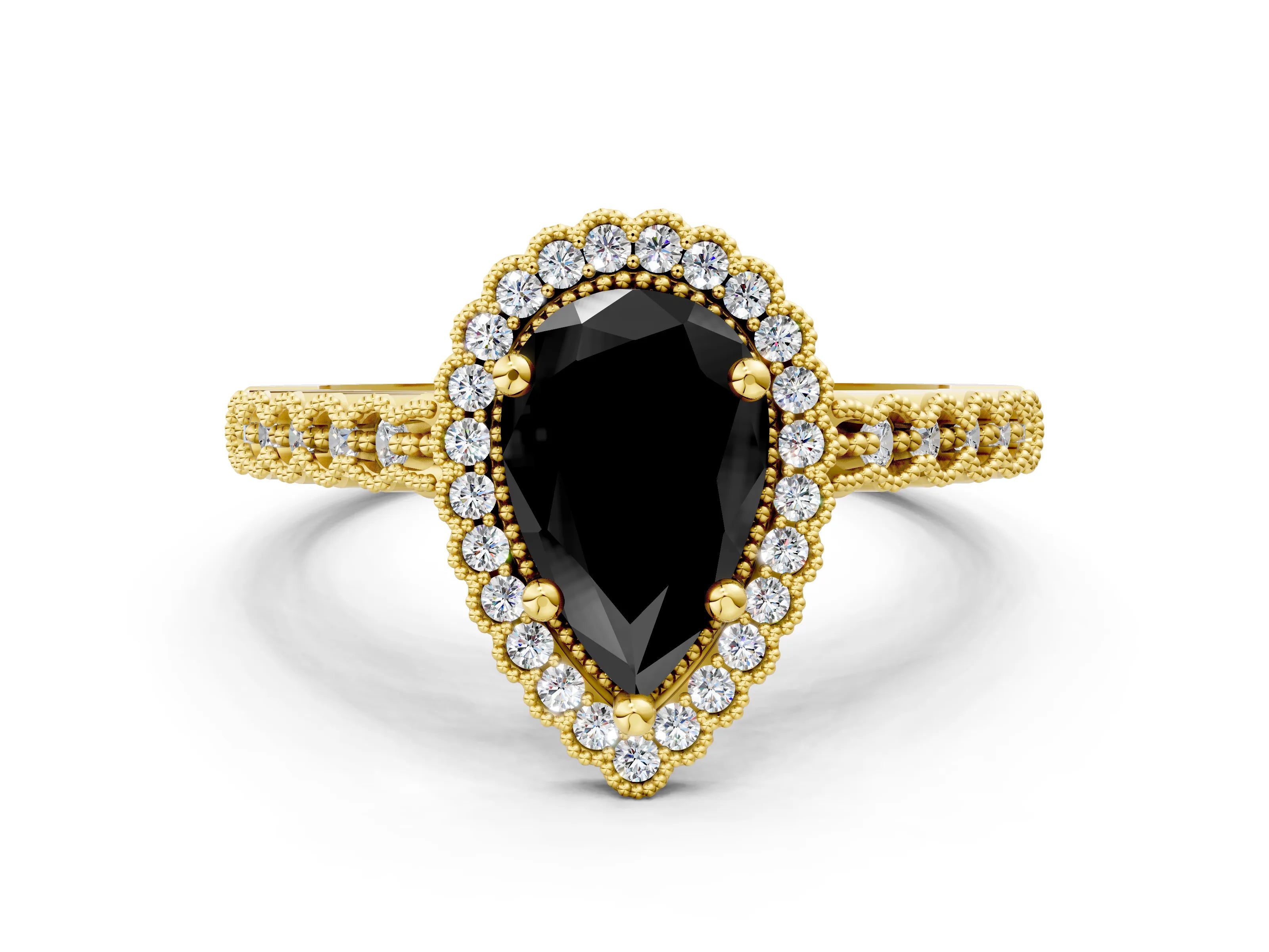 Yellow gold Fancy Black Pear Cut Cut Halo Pavé Solitaire Ring with Milgrain Band