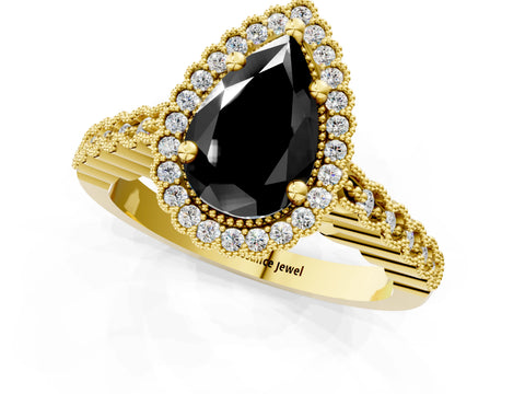Yellow gold Fancy Black Pear Cut Cut Halo Pavé Solitaire Ring with Milgrain Band_1