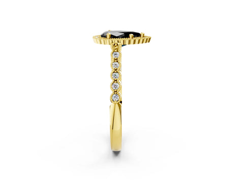 Yellow gold Fancy Black Pear Cut Cut Halo Pavé Solitaire Ring with Milgrain Band_2