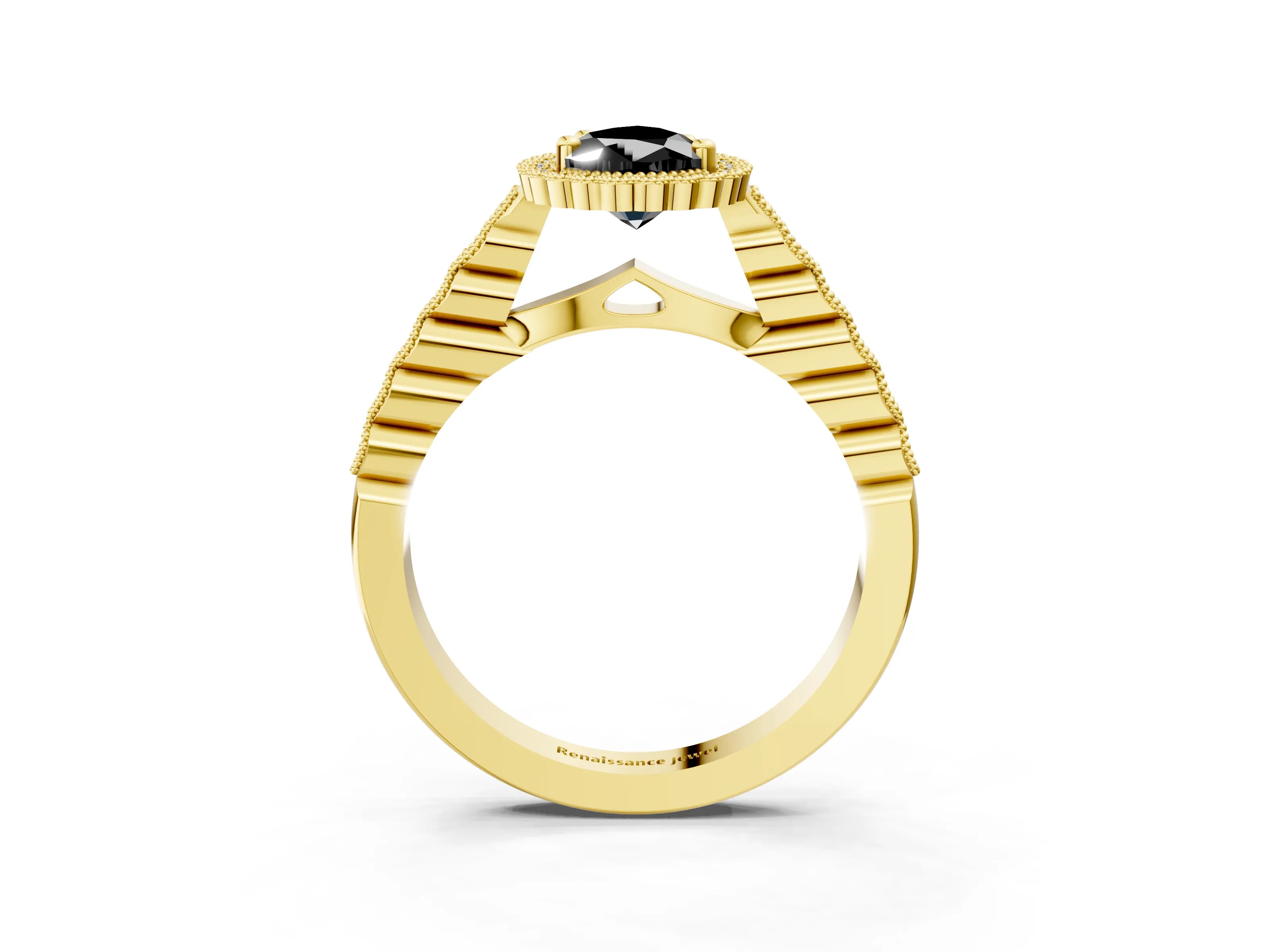 Yellow gold Fancy Black Pear Cut Cut Halo Pavé Solitaire Ring with Milgrain Band_3
