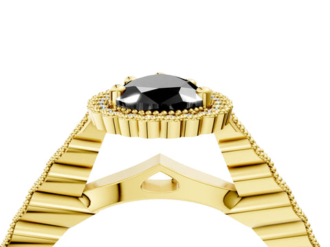 Yellow gold Fancy Black Pear Cut Cut Halo Pavé Solitaire Ring with Milgrain Band_4