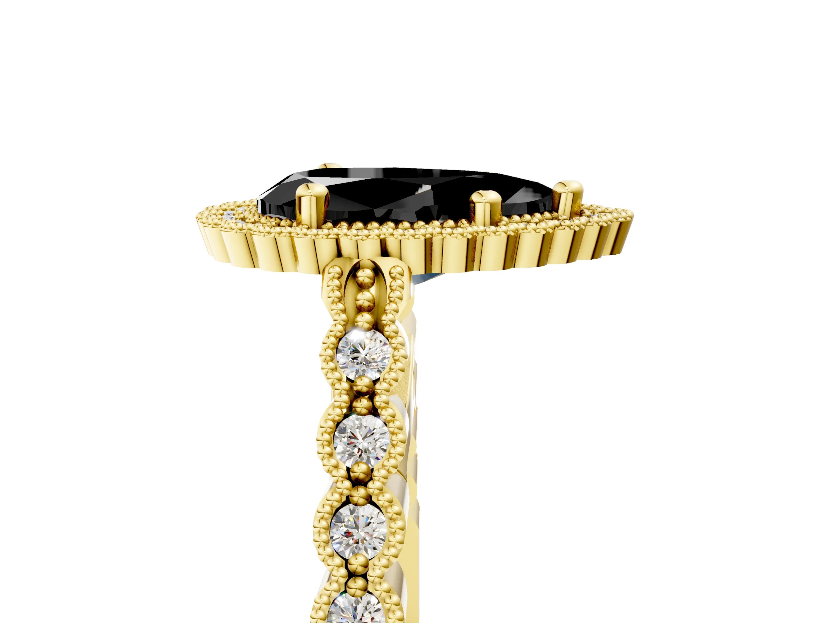 Yellow gold Fancy Black Pear Cut Cut Halo Pavé Solitaire Ring with Milgrain Band_5