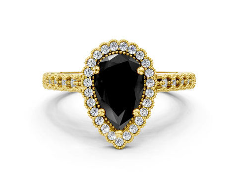Yellow gold Fancy Black Pear Cut Cut Halo Pavé Solitaire Ring with Milgrain Band