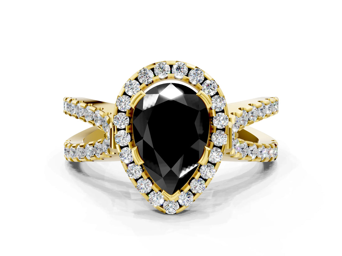 Yellow gold Fancy Black Pear Cut Cut Halo Split Shank Pave Set Ring