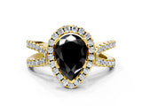 Yellow gold Fancy Black Pear Cut Cut Halo Split Shank Pave Set Ring