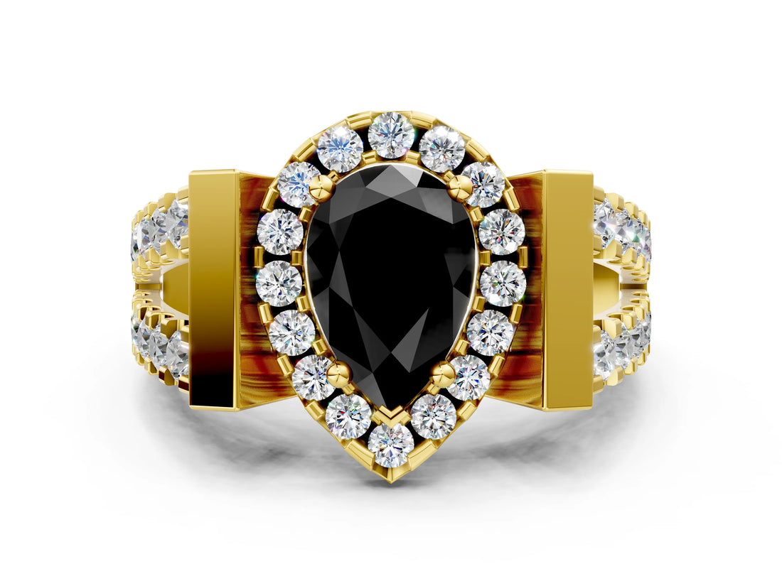Yellow gold Fancy Black Pear Cut Cut Halo Split Shank Prong Set Ring