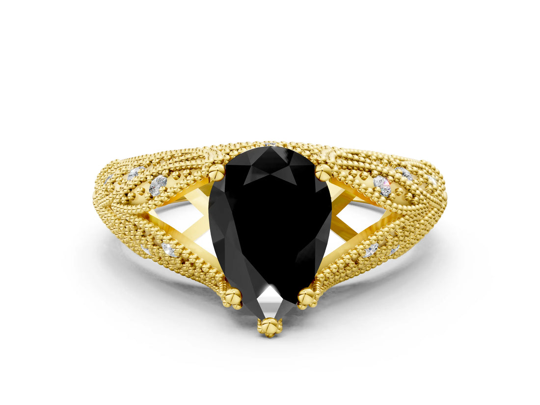 Yellow gold Fancy Black Pear Cut Cut Milgrain Pave Diamond Engagement Ring with Four-Prong Setting_3