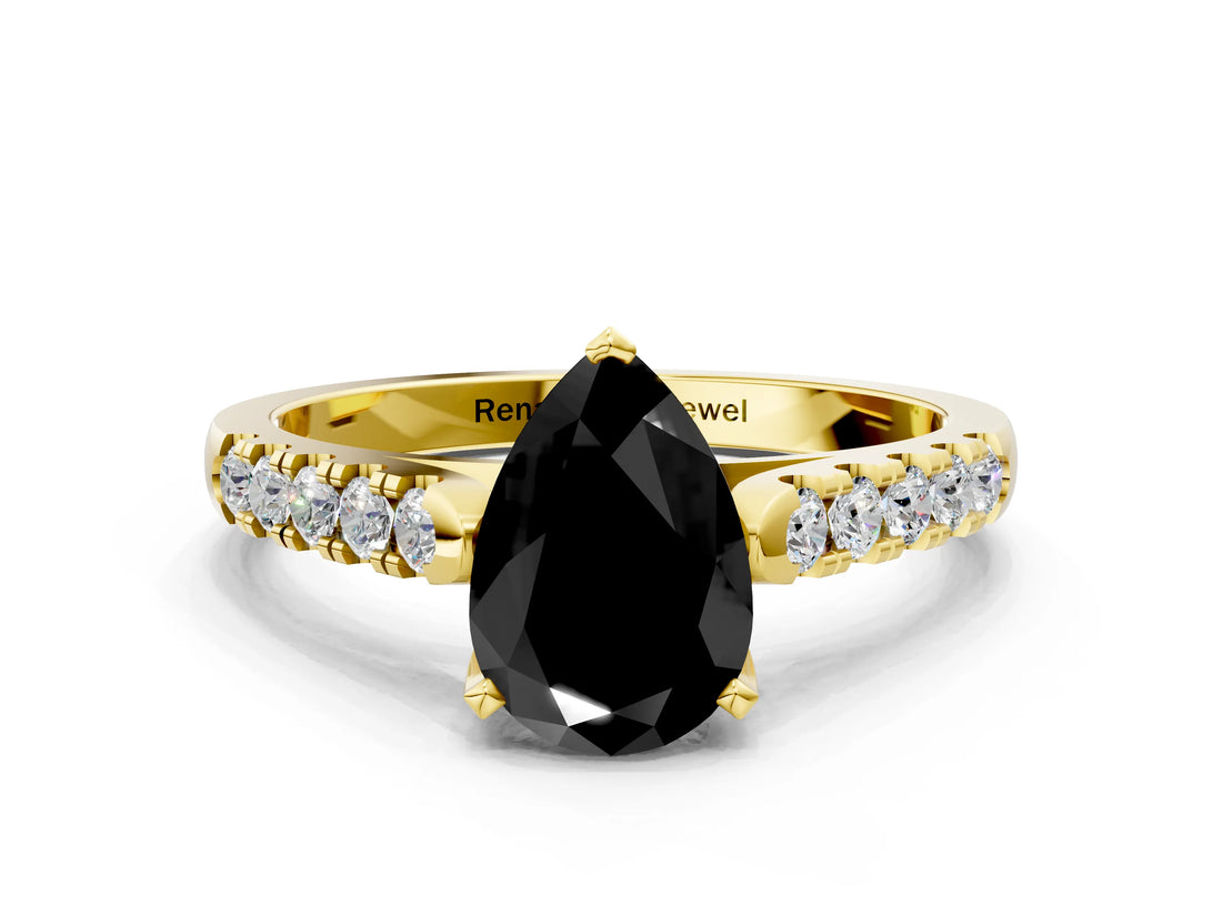 Yellow gold Fancy Black Pear Cut Cut Pavé Band Solitaire Ring with Four-Prong Setting