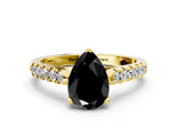 Yellow gold Fancy Black Pear Cut Cut Pavé Band Solitaire Ring with Four-Prong Setting