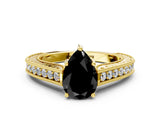Yellow gold Fancy Black Pear Cut Cut Pave Band Milgrain Solitaire Ring