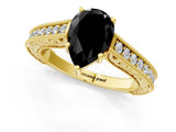 Yellow gold Fancy Black Pear Cut Cut Pave Band Milgrain Solitaire Ring_1
