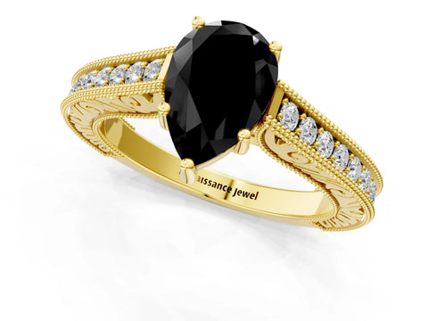Yellow gold Fancy Black Pear Cut Cut Pave Band Milgrain Solitaire Ring_1