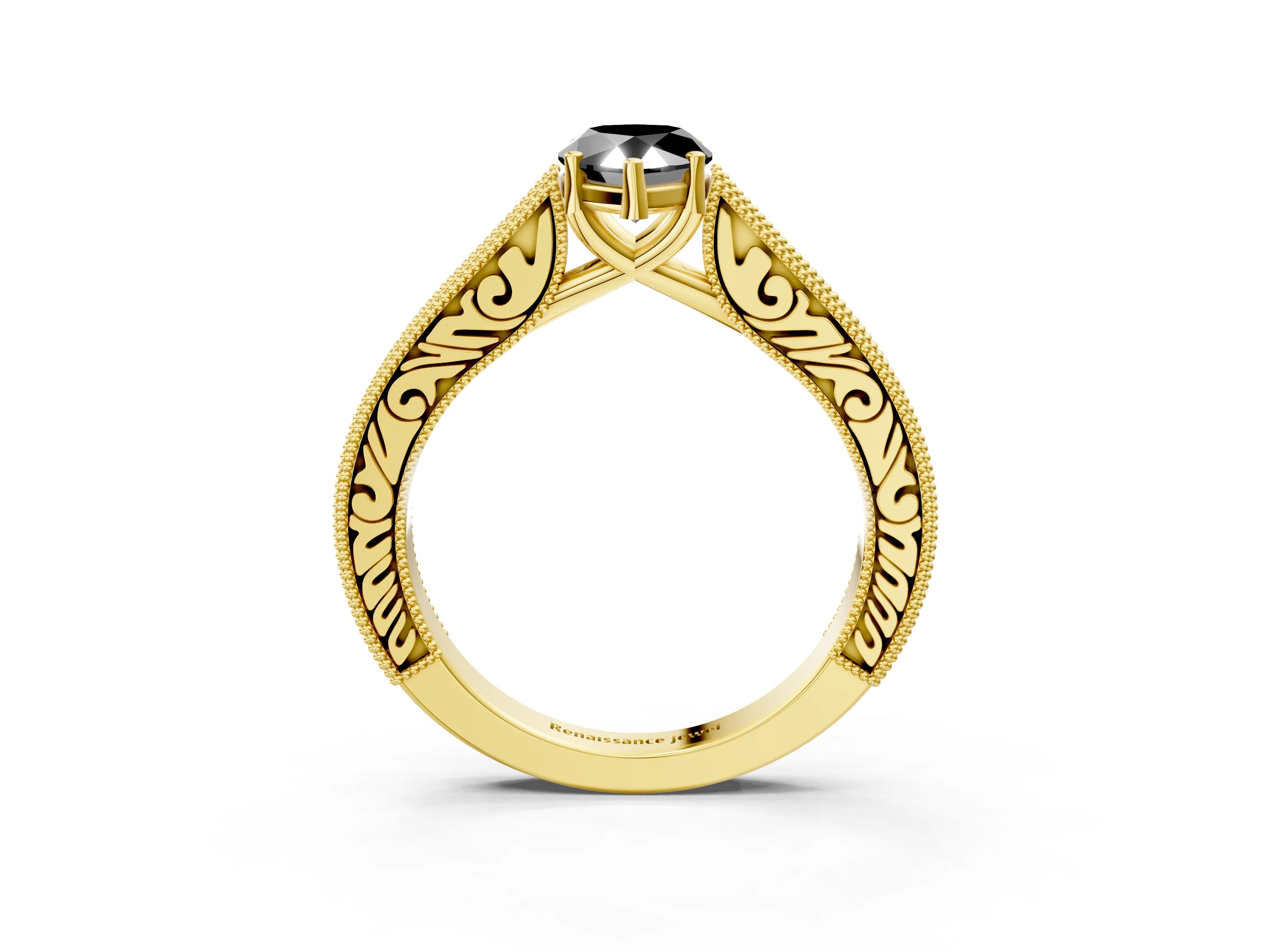 Yellow gold Fancy Black Pear Cut Cut Pave Band Milgrain Solitaire Ring_3