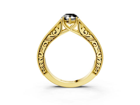 Yellow gold Fancy Black Pear Cut Cut Pave Band Milgrain Solitaire Ring_3