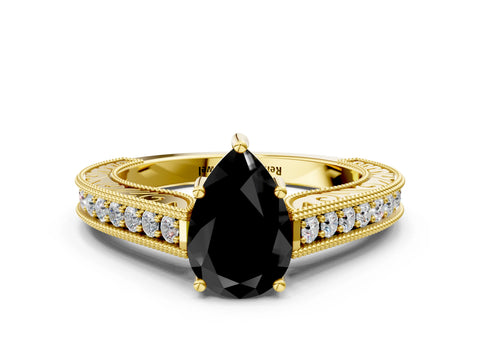 Yellow gold Fancy Black Pear Cut Cut Pave Band Milgrain Solitaire Ring