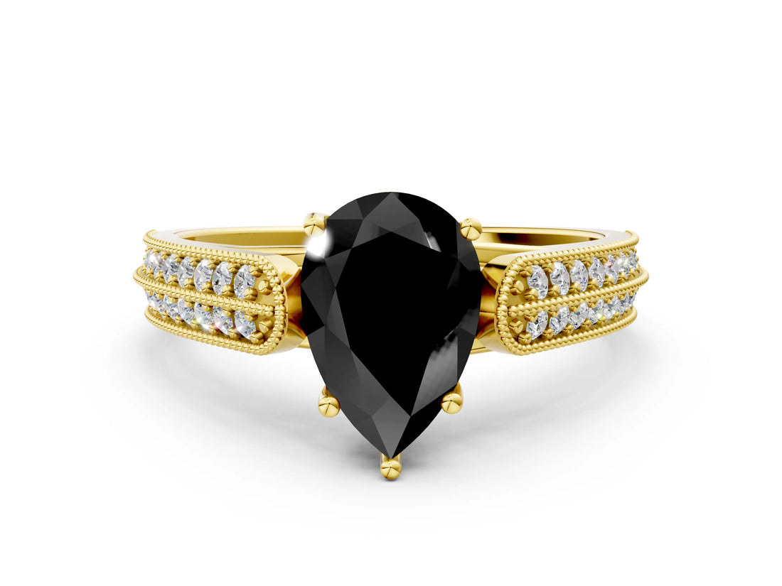 Yellow gold Fancy Black Pear Cut Cut Pave Split Shank Engagement Ring with Four-Prong Setting