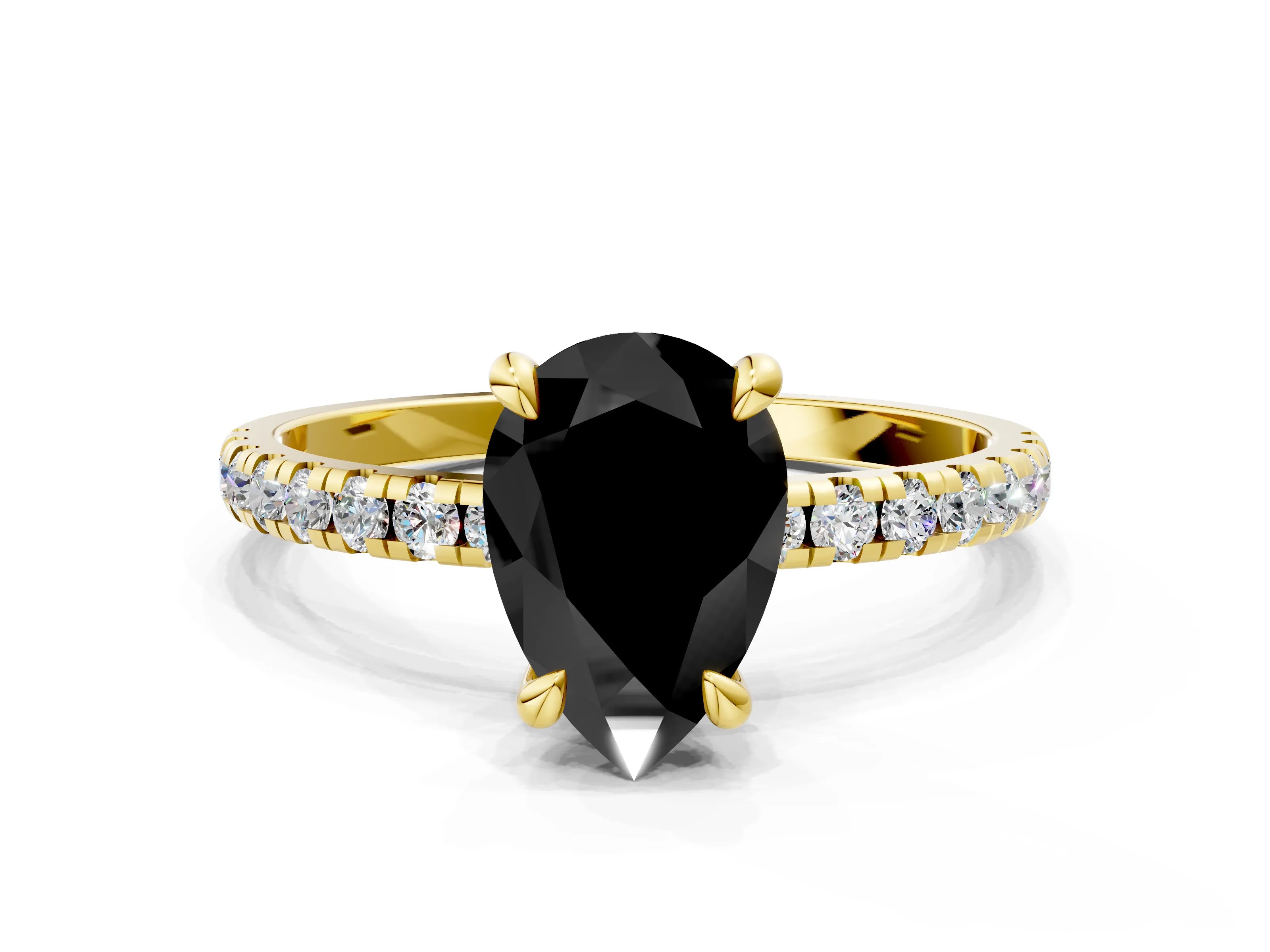 Yellow gold Fancy Black Pear Cut Diamond Brilliant Solitaire Ring with Pavé Band and Four-Prong Setting