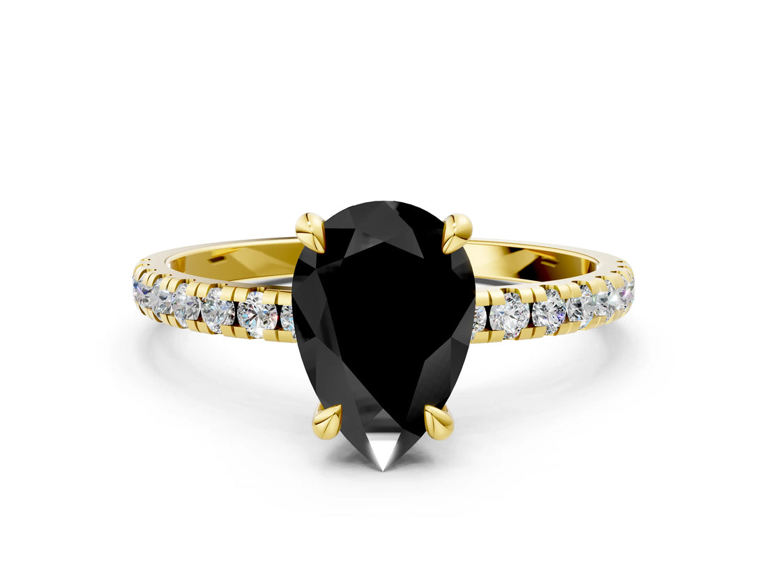 Yellow gold Fancy Black Pear Cut Diamond Brilliant Solitaire Ring with Pavé Band and Four-Prong Setting_24