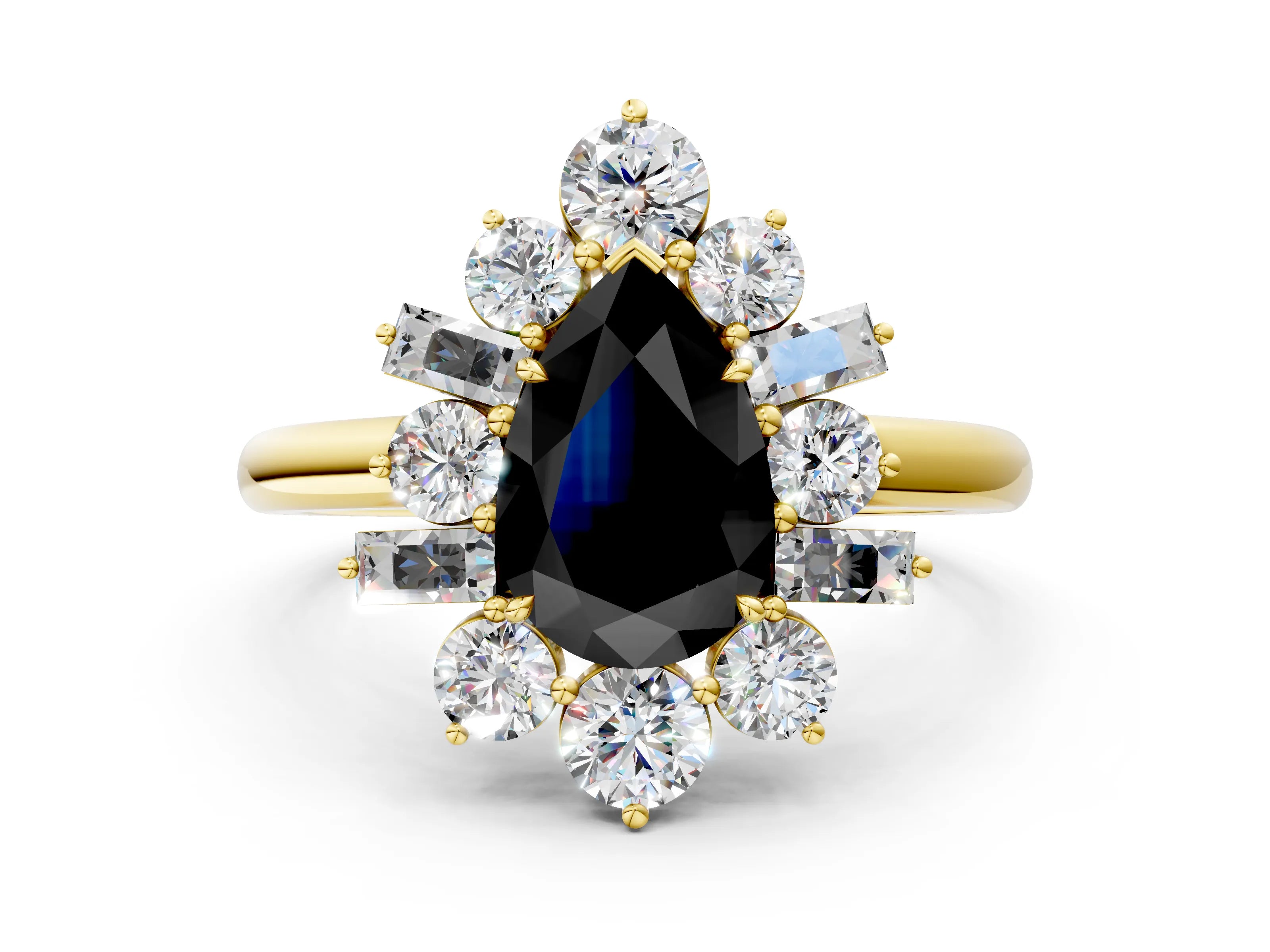 Yellow gold Fancy Black Pear Cut Diamond Cluster Ring with Round and Baguette Stones, Split Shank Band, Prong Setting
