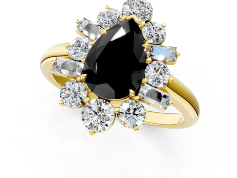 Yellow gold Fancy Black Pear Cut Diamond Cluster Ring with Round and Baguette Stones, Split Shank Band, Prong Setting_1