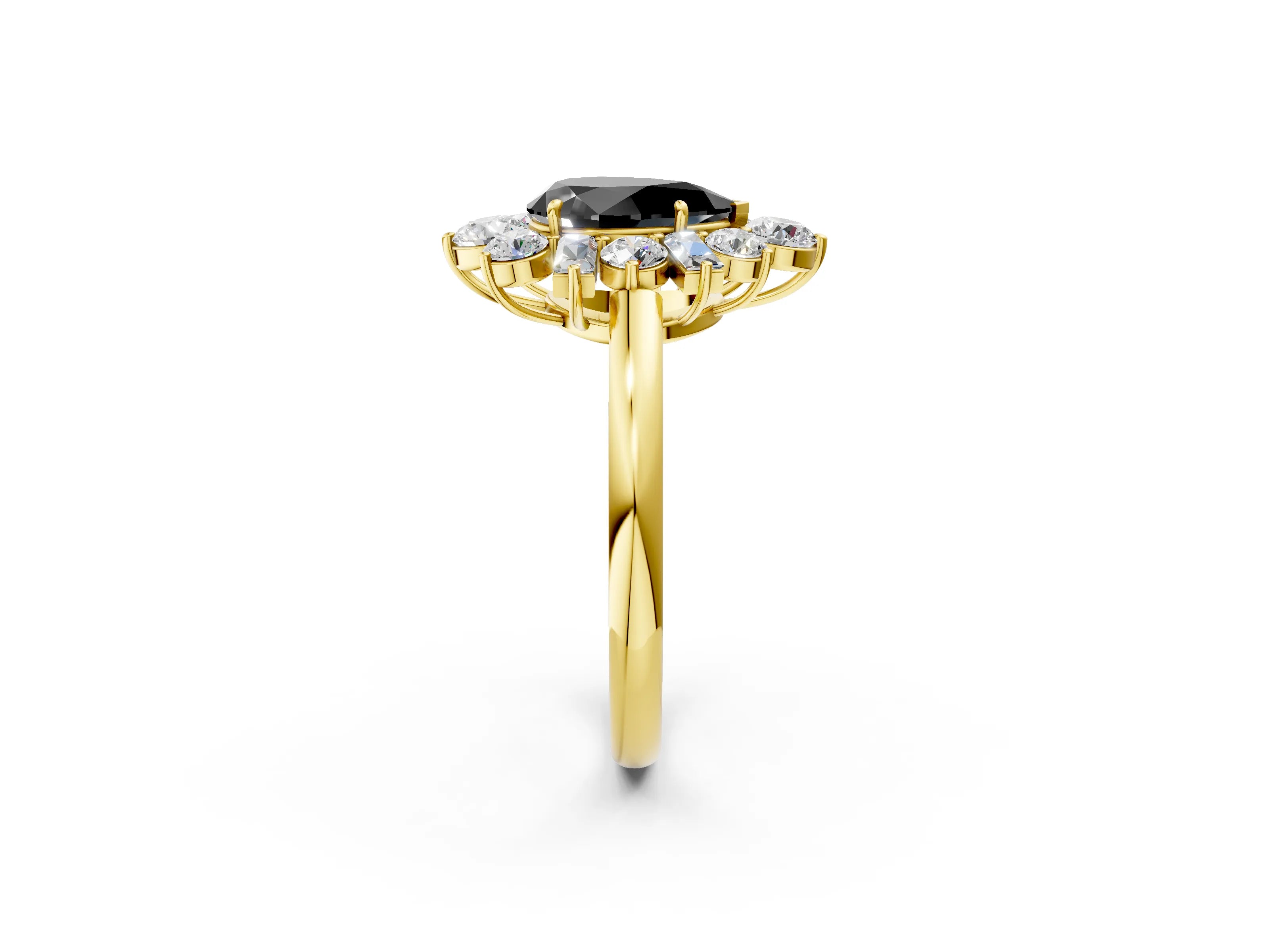 Yellow gold Fancy Black Pear Cut Diamond Cluster Ring with Round and Baguette Stones, Split Shank Band, Prong Setting_2