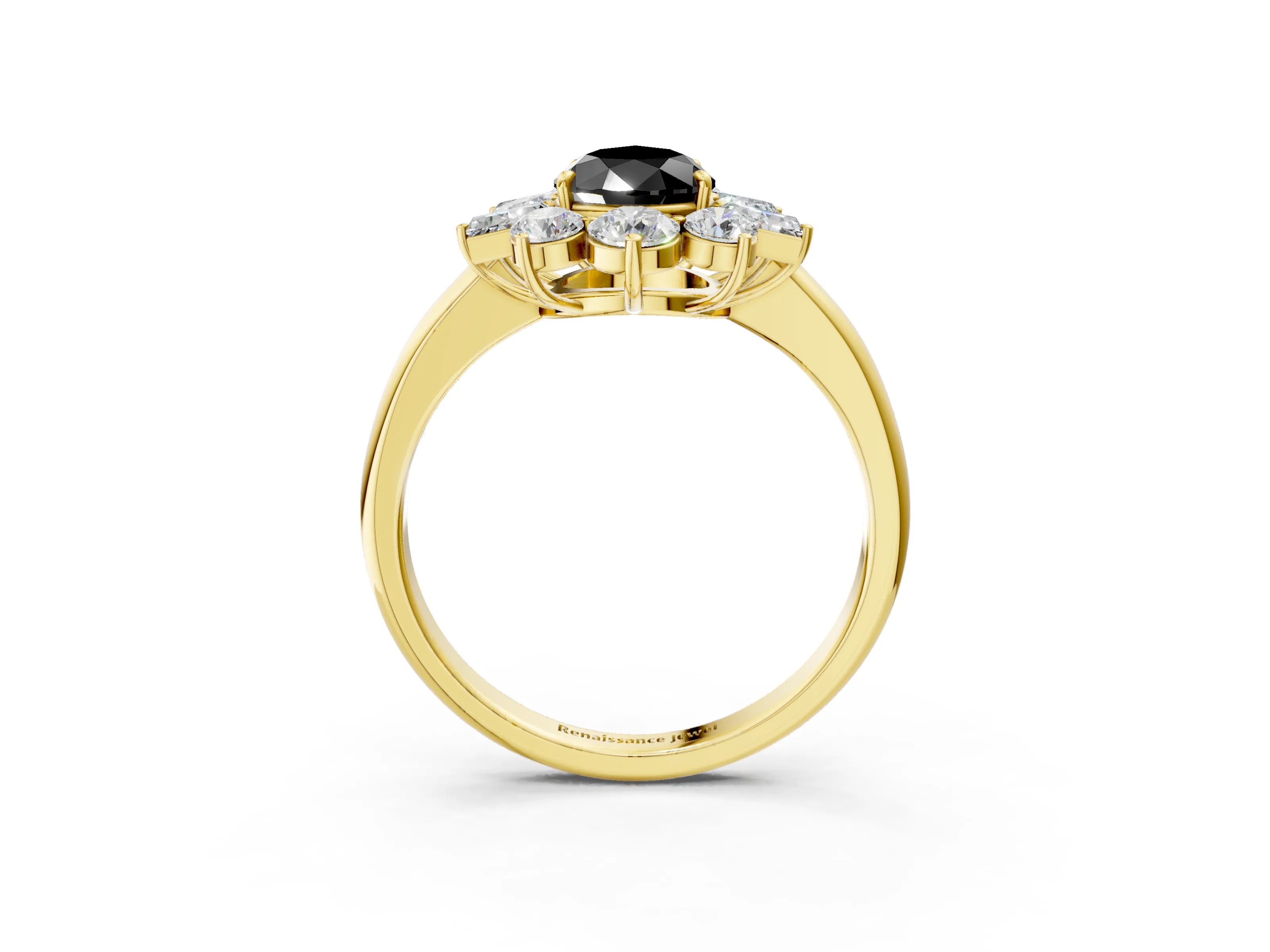 Yellow gold Fancy Black Pear Cut Diamond Cluster Ring with Round and Baguette Stones, Split Shank Band, Prong Setting_3