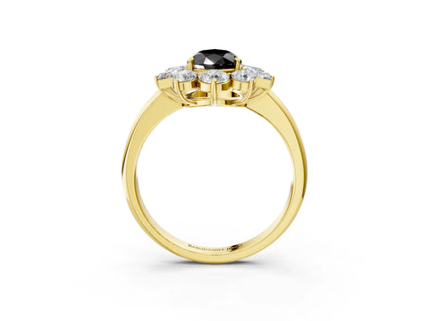 Yellow gold Fancy Black Pear Cut Diamond Cluster Ring with Round and Baguette Stones, Split Shank Band, Prong Setting_3