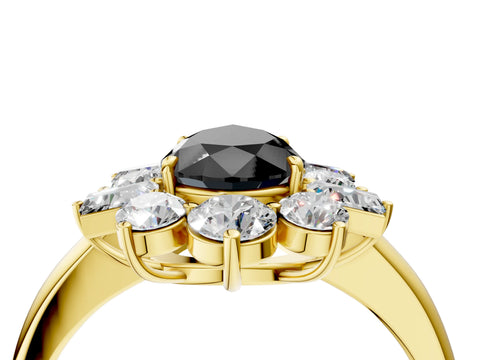 Yellow gold Fancy Black Pear Cut Diamond Cluster Ring with Round and Baguette Stones, Split Shank Band, Prong Setting_4