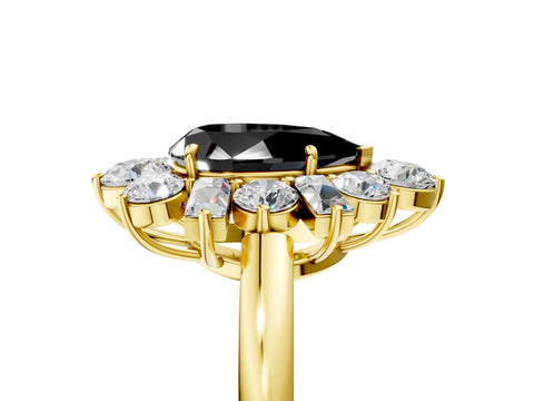 Yellow gold Fancy Black Pear Cut Diamond Cluster Ring with Round and Baguette Stones, Split Shank Band, Prong Setting_5