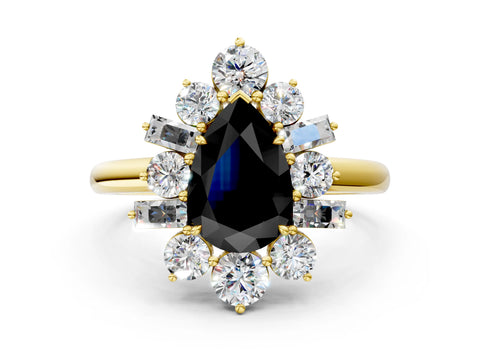 Yellow gold Fancy Black Pear Cut Diamond Cluster Ring with Round and Baguette Stones, Split Shank Band, Prong Setting