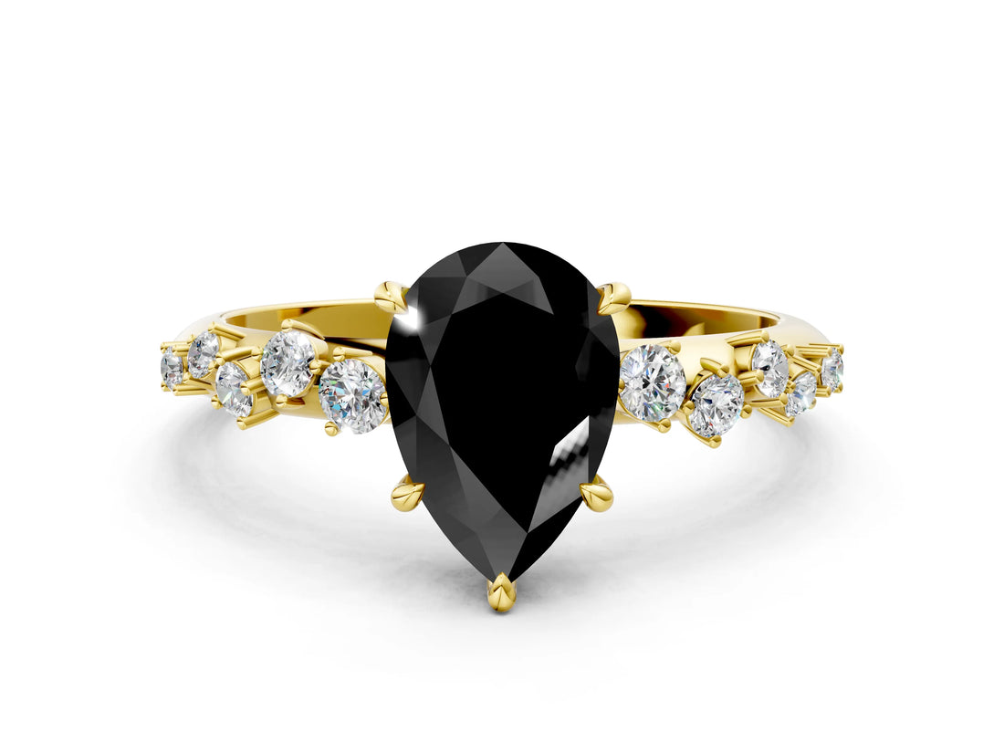 Yellow gold Fancy Black Pear Cut Diamond Cluster Side Stone Solitaire Ring with Prong Setting_24