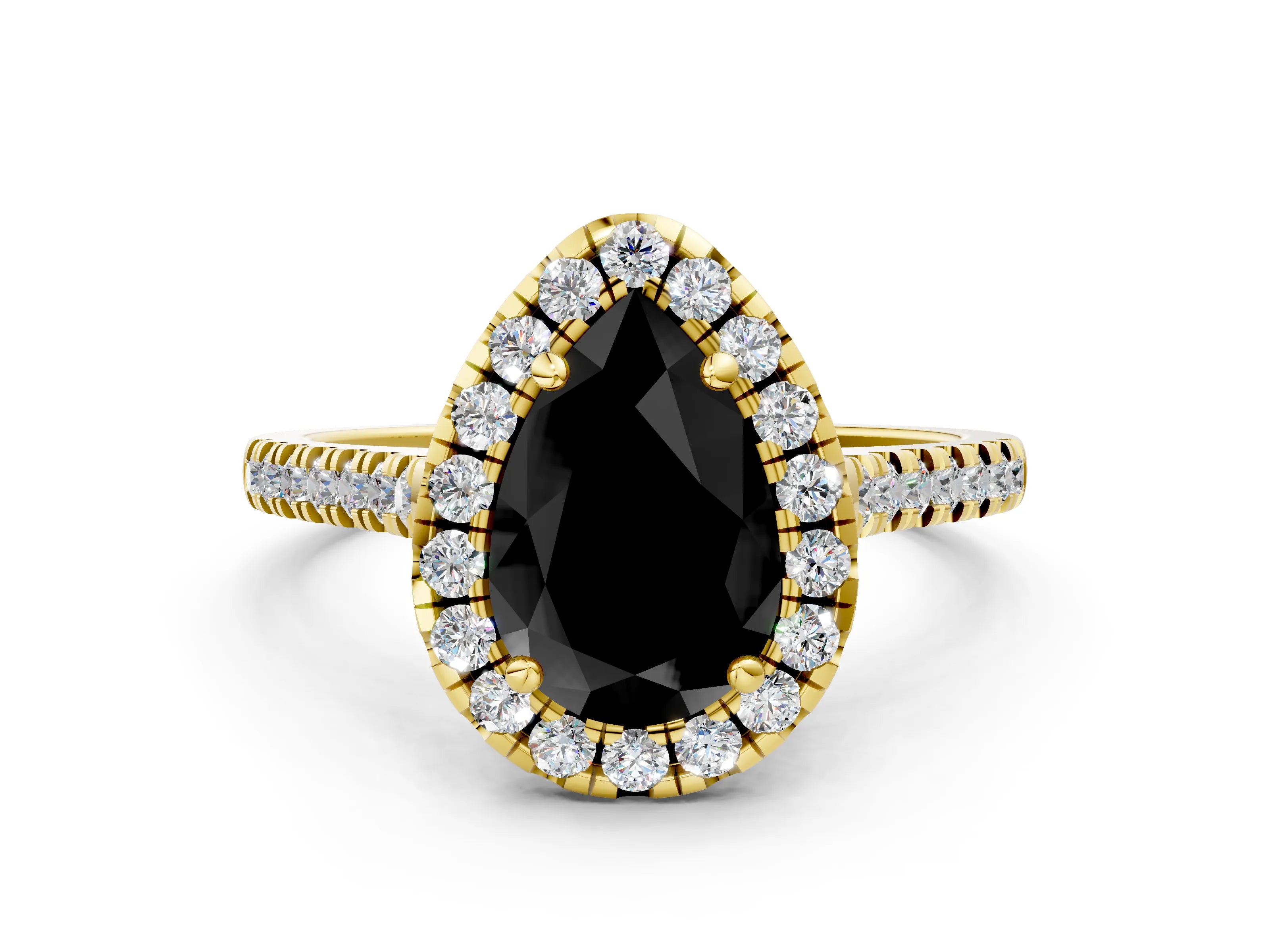 Yellow gold Fancy Black Pear Cut Diamond Cushion Halo Ring with Pavé Band