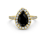Yellow gold Fancy Black Pear Cut Diamond Cushion Halo Ring with Pavé Band