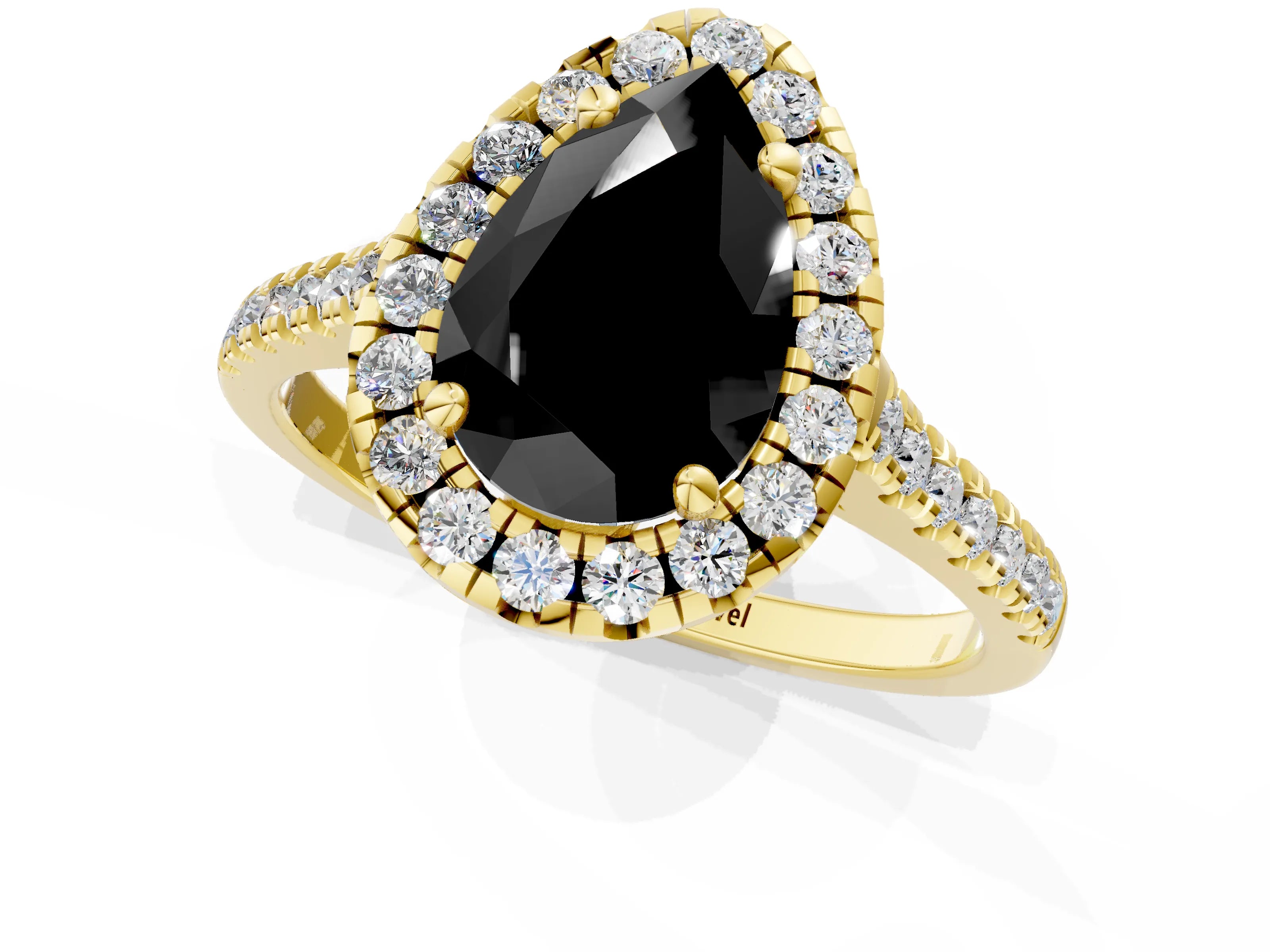Yellow gold Fancy Black Pear Cut Diamond Cushion Halo Ring with Pavé Band_1
