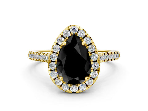 Yellow gold Fancy Black Pear Cut Diamond Cushion Halo Ring with Pavé Band