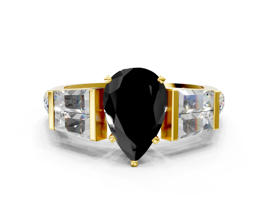 Yellow gold Fancy Black Pear Cut Diamond Engagement Ring with Baguette Side Stones and Channel Set Band_12