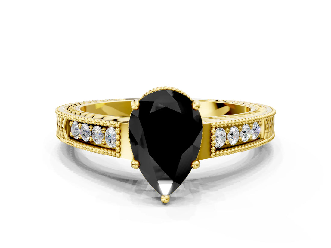 Yellow gold Fancy Black Pear Cut Diamond Engagement Ring with Milgrain Channel Set Band and Prong Setting