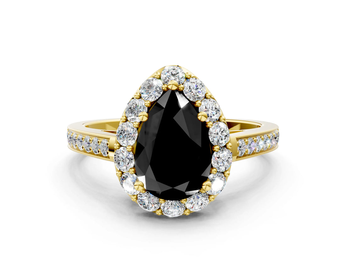 Yellow gold Fancy Black Pear Cut Diamond Floral Halo Ring with Pavé Band and Prong Setting_3