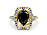 Yellow gold Fancy Black Pear Cut Diamond Floral Halo Split Shank Prong Setting Ring