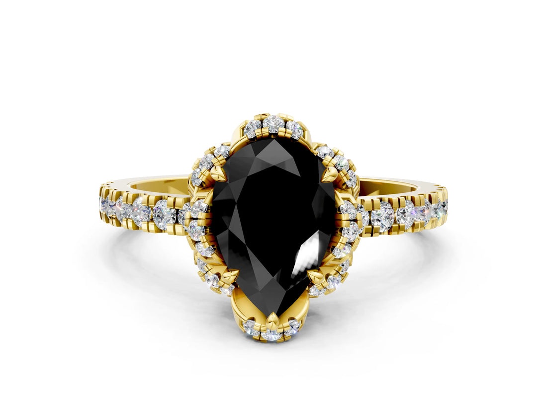 Yellow gold Fancy Black Pear Cut Diamond Halo Pave Band with Four-Prong Setting_3