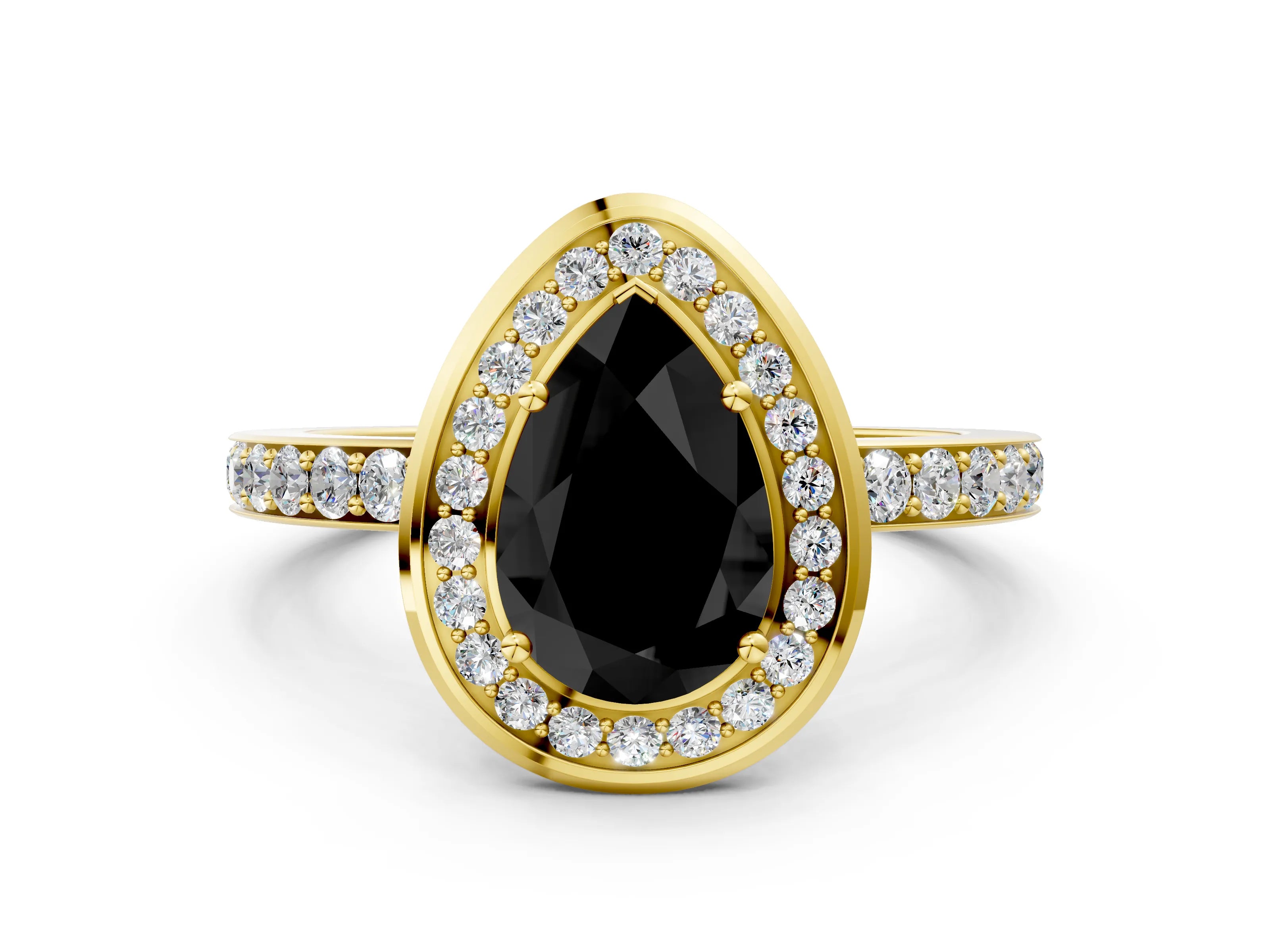 Yellow gold Fancy Black Pear Cut Diamond Halo Ring with Bezel Frame and Pavé Band